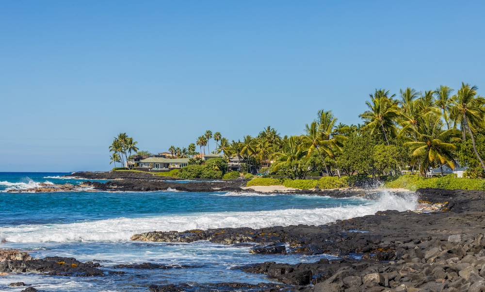 Scenic Alula Beach and Aiopio Fish Trap in Kailua Kona, Big Island, Hawaii.